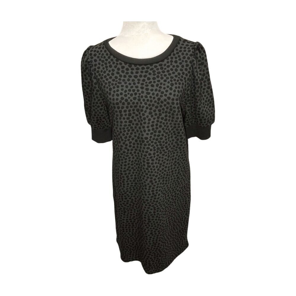Loft NWT Polka Dot Short Puff Sleeve Light Sweater Dress Medium Tall Gray Black